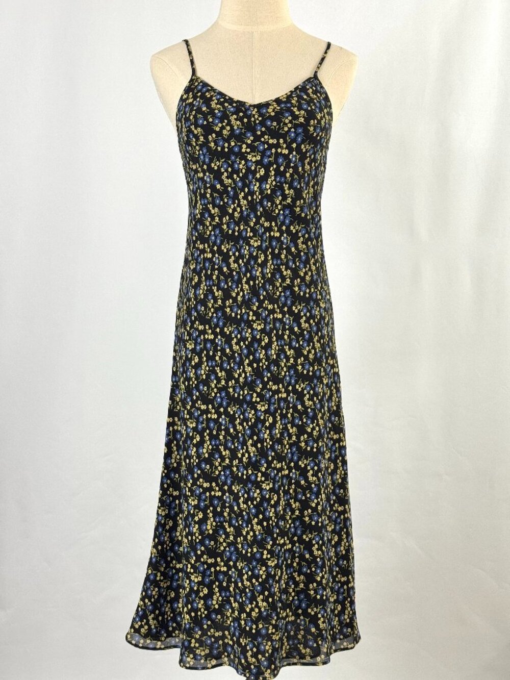 Vtg 90s Y2K Express Floral Bias Slip Dress Ditsy Floral Black Grunge Whimsigoth